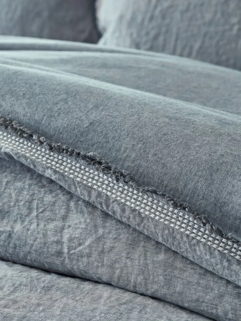 POTTERY BARN Euro Belgian Flax Linen Fringed Border Stitch Sham Chambray/White
